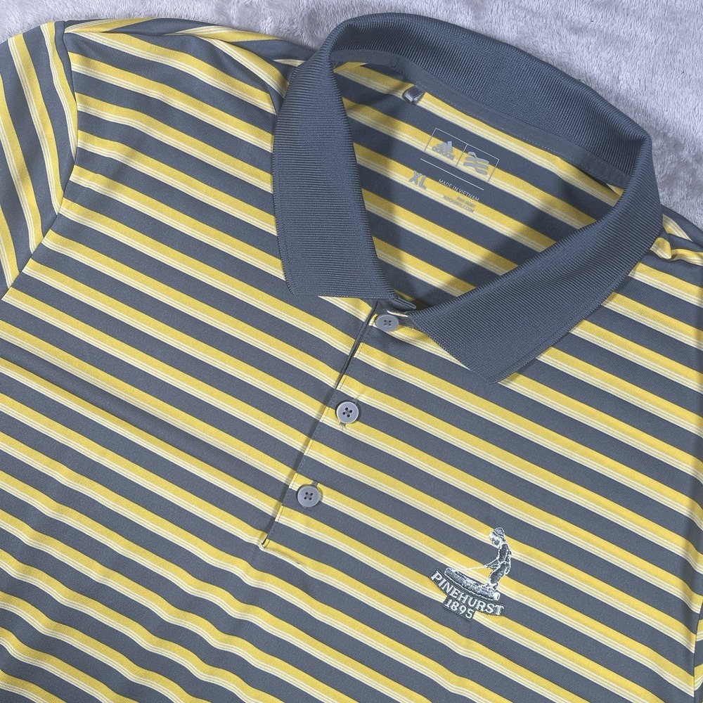 Adidas ClimaLite Pinehurst Golf Polo Yellow Gray Striped Men's XL Embroidered